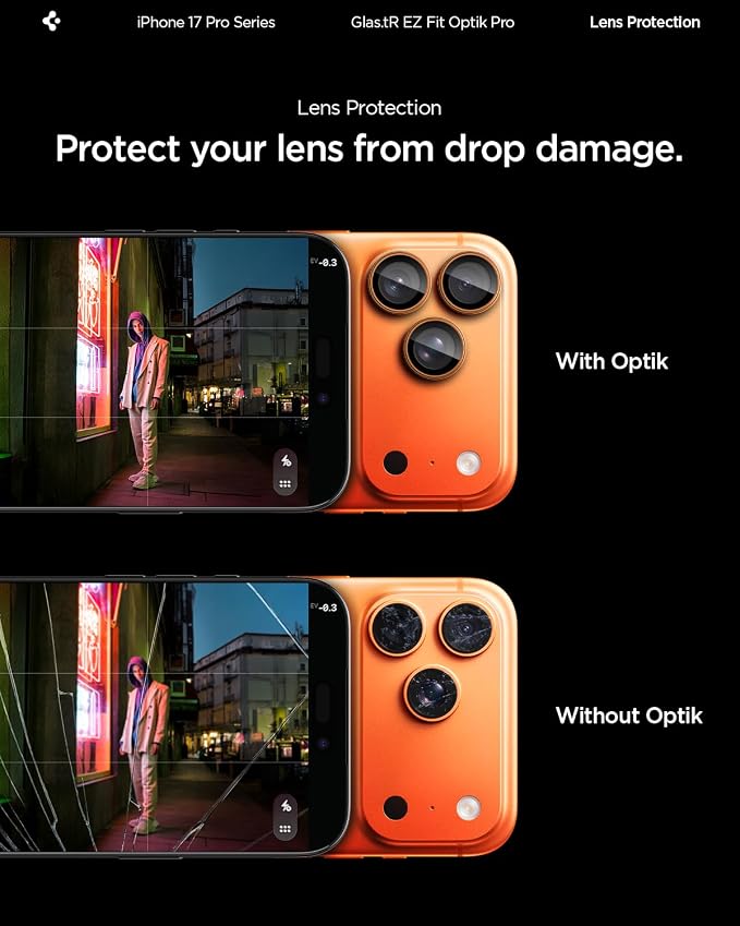 Spigen Camera Lens Protector for iPhone 17 Pro Max / 17 Pro - Orange | GlasTR EZ Fit Optik Pro, 9H+ Tempered glass, Scratch resistant, Auto-align tray, Original photo quality, Case-friendly, 2Pack - Image 5