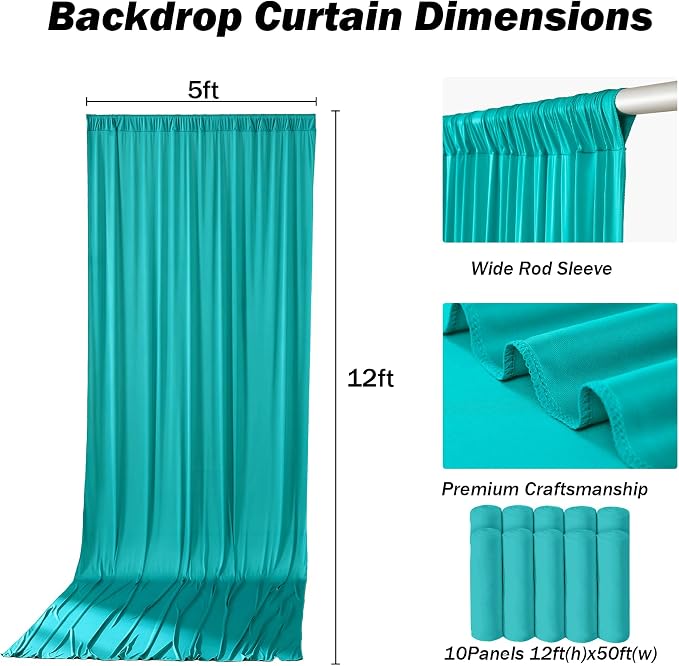 50x12 ft Turquoise Backdrop Curtains for Weddings, Birthdays and Photos | 10 Panels 5x12 ft, Wrinkle-Free Polyester Drapes, Washable, Ironable, 4 in Rod Pocket for Baby Showers Photography Background - Image 4