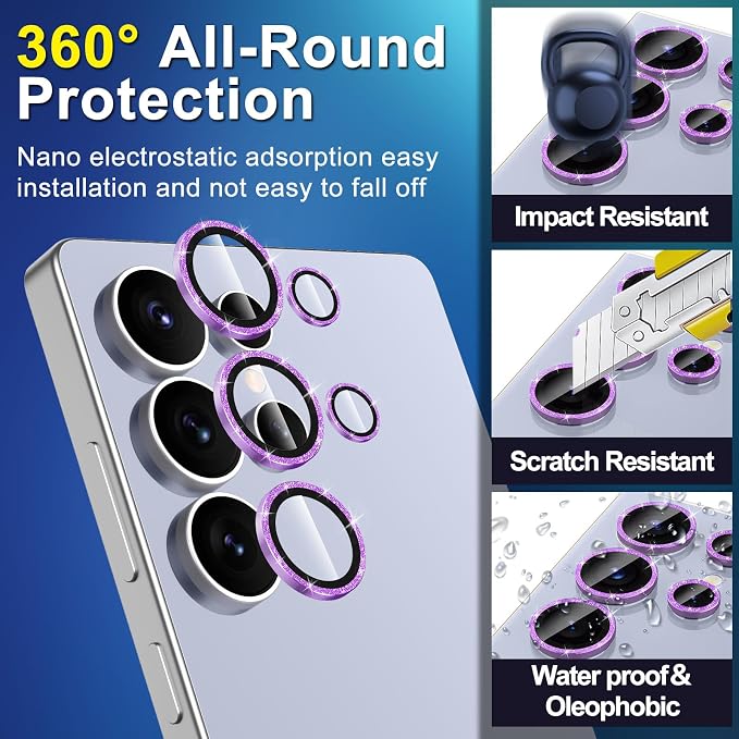 for Samsung Galaxy S25 Ultra Camera Lens Protector, Individual Metal Ring Tempered Glass Lens Cover, [Strong Adsorption] Scratch Resistant Ultra-Thin HD Clear Lens Cover, 1 Set-Purple Sparkly - Image 3