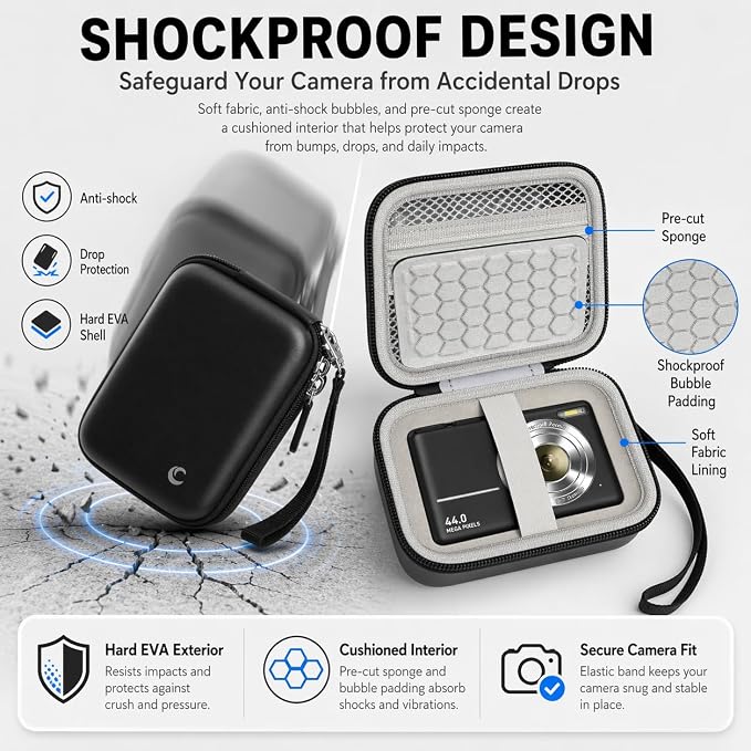 Comecase Digital Camera Case for Kodak PIXPRO FZ55/FZ45/ for CAMKORY, Black | Hard Shell Storage for Lecran/ for VAHOIALD, Mesh Pocket, Wrist Strap, Compact for Travel School and Daily Storage. Case only - Image 6
