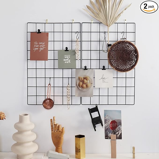 Wall Grid Panel for Photo Display,Wall Storage Organizer,5 Metal Clips & 3 S Hooks & 4 Nails & 4 Plastic Hanging Buckles and 4 Screws Offered,Size 17.5" x 11.8"，Set of 2 (Black) by FRIADE