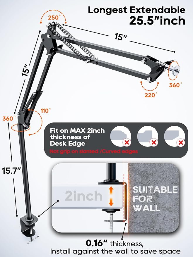 CACENCAN Overhead Camera Mount, 5lb Horizontal Load-Bearing, 360° Adjustable Stand for Desk, Flexible Arm Desk Mount, with Phone Clamp, Tabletop Mount for DSLR Camera/Webcam/Microphone（White - Image 5