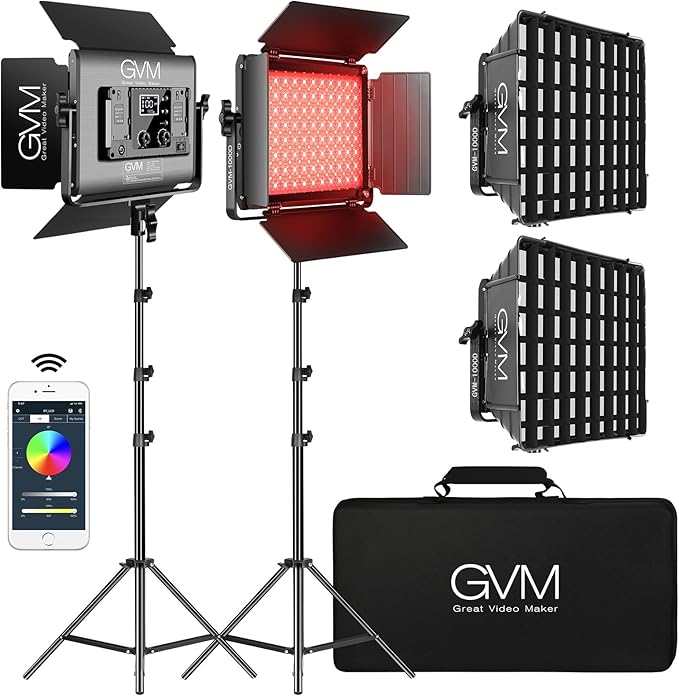 GVM 1000D RGB Led Video Light with 2 Softboxes, Photography Lighting Kit with Bluetooth Control, Full Color Video Lighting Kit with 18 Applicable Scenes, 2 Packs Led Light Panel for Video Shooting by GVMGreatVideoMaker