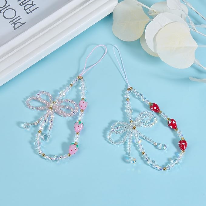 BEEFLYING Bow Beaded Phone Charm Wrist Strap for Case, Pink | Y2K Cell Phone Chain with Bowknot Strawberry, for Bag Keychain Camera Wallet - Image 6