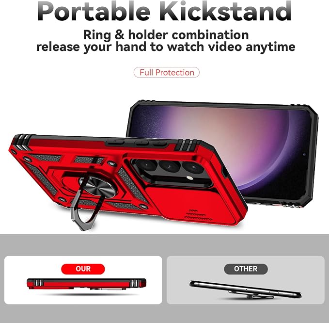 for Samsung Galaxy S24 Plus Case with Camera Lens Cover HD Screen Protector, Military-Grade Drop Tested Magnetic Ring Holder Kickstand Protective Phone Case for Samsung Galaxy S24 Plus (Red) - Image 7