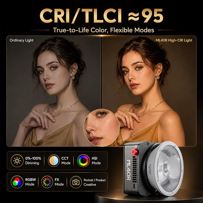 Godox ML40R RGB LED Video Light, Portable COB Photography Light with Built-in Battery, 1800K-10000K Full Color, 14 FX Effects, App Control, Magnetic Mount, ML-L10 Reflector for Vlog Live Streaming - Image 5