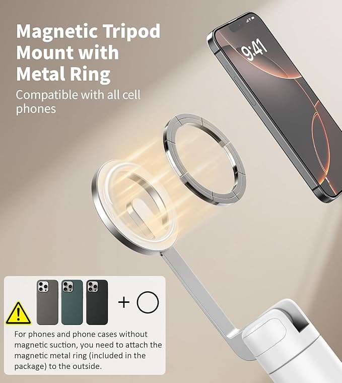 TONEOF 68" Magnetic Aluminum Phone Tripod Selfie Stick for iPhone & Android | Rechargeable Remote,360° Rotatable Foldable Cell Phone Stand Holder with Metal Ring,Travel Tripod for Magsafe (White) - Image 2
