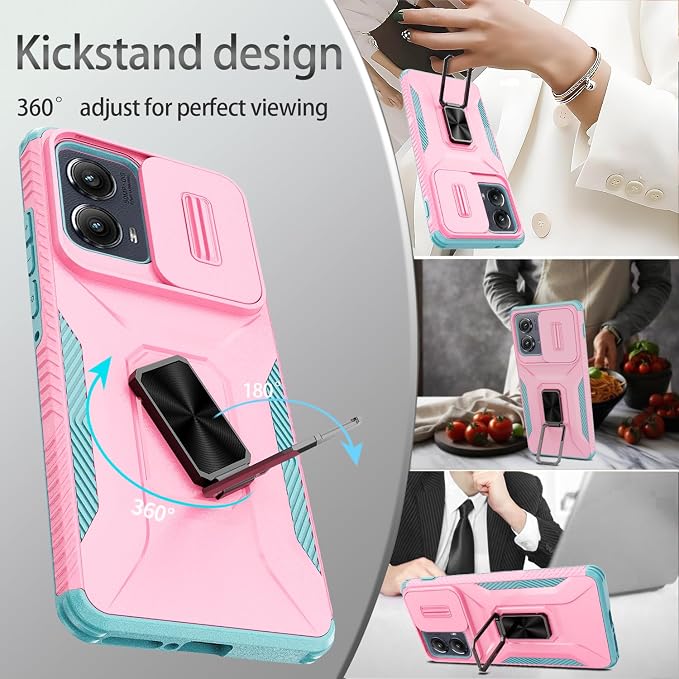 for Moto Edge 2024 Case,with Sliding Camera Lens Cover,HD Screen Protector,360° Rotating Ring Kickstand, Military-Grade Shockproof Protective Cover for Motorola Moto Edge 2024,Pink+Turquoise - Image 5