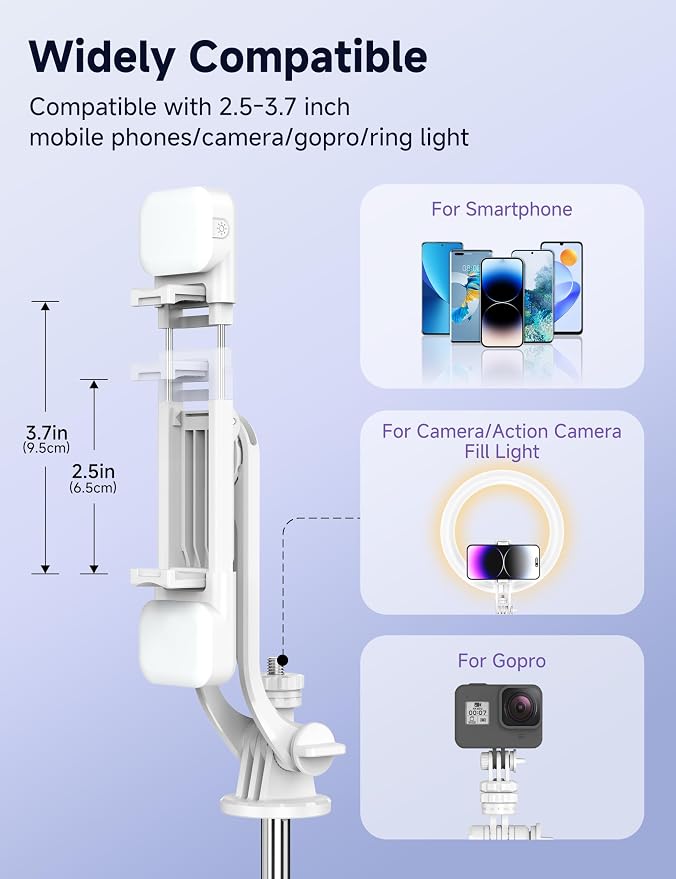 Selfie Stick Tripod with 2 Light, 3 Light Modes & 6 Brightness Levels Extendable Phone Tripod with Detachable Remote & Phone Holder, Portable Camera Tripod Compatible with iphone16 15 14 13/Android - Image 5