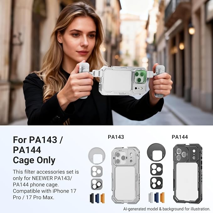 NEEWER ND Filter Set for PA143/PA144 Phone Cage Only, ND8/16/32/64 + Black Diffusion 1/4 Filter for Mist Cinematic Effect + Magnetic Backplate, Compatible with iPhone 17 Pro/17 Pro Max, Silver - Image 2