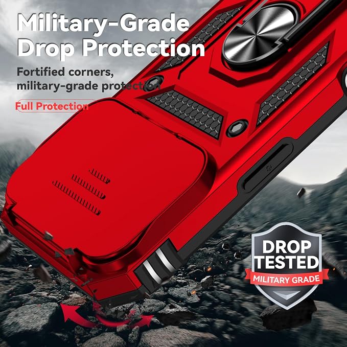 SunStory Phone Case for iPhone 17 Pro Case with HD Screen Protector & Slide Camera Cover & Rotated Ring Kickstand, [Military-Grade] Phone Case for iPhone 17 Pro, Red - Image 6