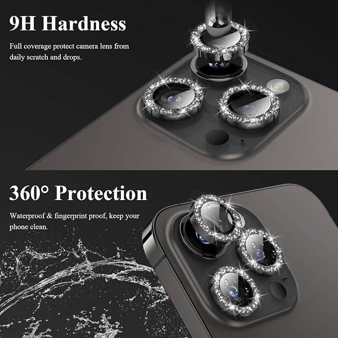 YWXTW Designed for iPhone 14 Pro/iPhone 14 Pro Max Camera Lens Protector Bling, [New Glitter Design] Individual Metal Tempered Glass Camera Cover Accessories Case Friendly, 1 Set (Black Glitter) - Image 3