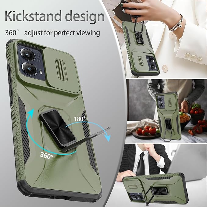 for Moto Edge 2024 Case,with Sliding Camera Lens Cover,HD Screen Protector,360° Rotating Ring Kickstand, Military-Grade Shockproof Protective Cover for Motorola Moto Edge 2024,Army Green - Image 5