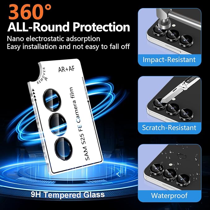 for Samsung Galaxy S25 FE Camera Lens Protector, Individual Metal Ring Tempered Glass Lens Cover, [Strong Adsorption] Scratch Resistant Ultra-Thin HD Clear Lens Cover, 1 Set-Black Ring - Image 2