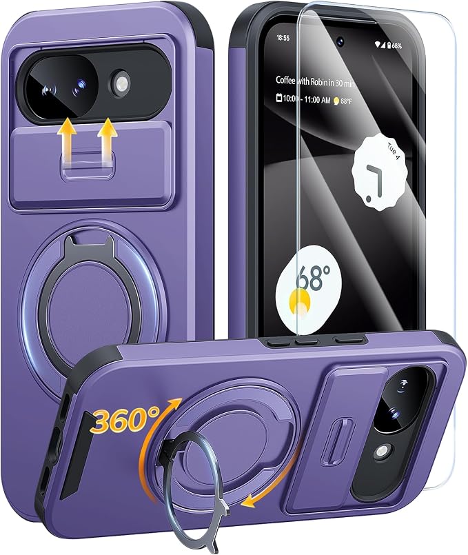 JAME for Google Pixel 10A Case with Ring Stand & Slide Camera Cover Purple | Ring Holder Kickstand, Screen Protectors, Dual-Layer Shockproof Protective, Magnetic Accessory Friendly Phone Case, Purple by JAME