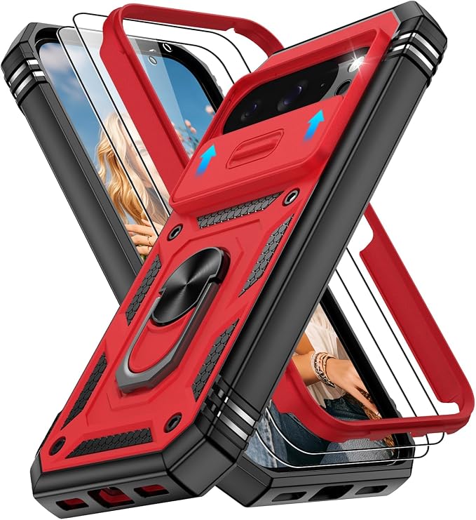Gritup for Pixel 10 Case: Pixel 10 Pro Case with 2*Screen Protector, Magnetic Stand & Slide Camera Cover, Shock Proof Military-Grade para Google Pixel 10/10 Pro Cover, Red+Black by Gritup