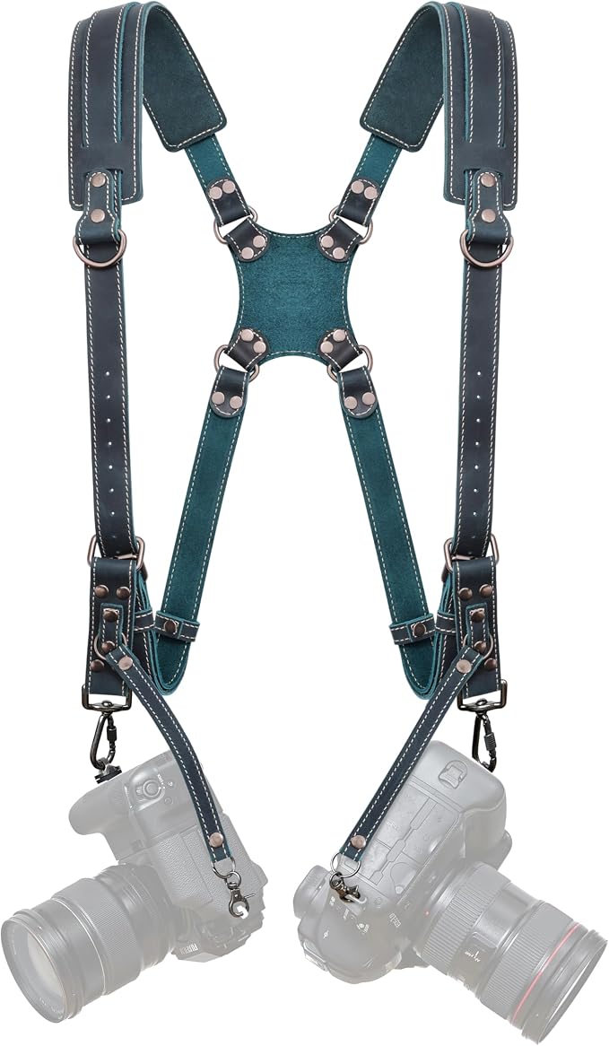 Padwa Lifestyle Dark Green Dual Camera Harness Strap for Two Cameras - Double Shoulder Full Grain Leather Harness,Multi Double Camera Gear with Thick Padded,Double Camera Harness for Photographers by PadwaLifestyleCameraStrap