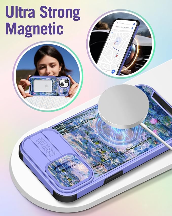 Buleens for iPhone 13 Case 6.1 Inch - with Ring Stand & Camera Cover Aesthetic Cute Designed for Women Girls Girly Pretty Blue Water Lily for Phone Case for iPhone 13 Compatible with Magsafe - Image 4