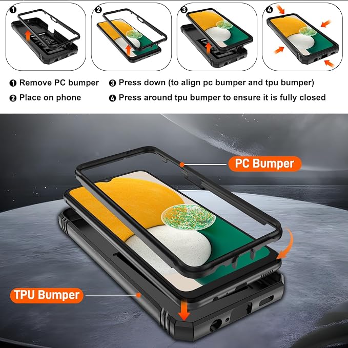 Gritup for Samsung Galaxy A13 5G Case with 2PCS Screen Protector, Build in 360° Rotating Ring Kickstand, Military Grade Protective Cover for A13 5G Phone, Black - Image 4