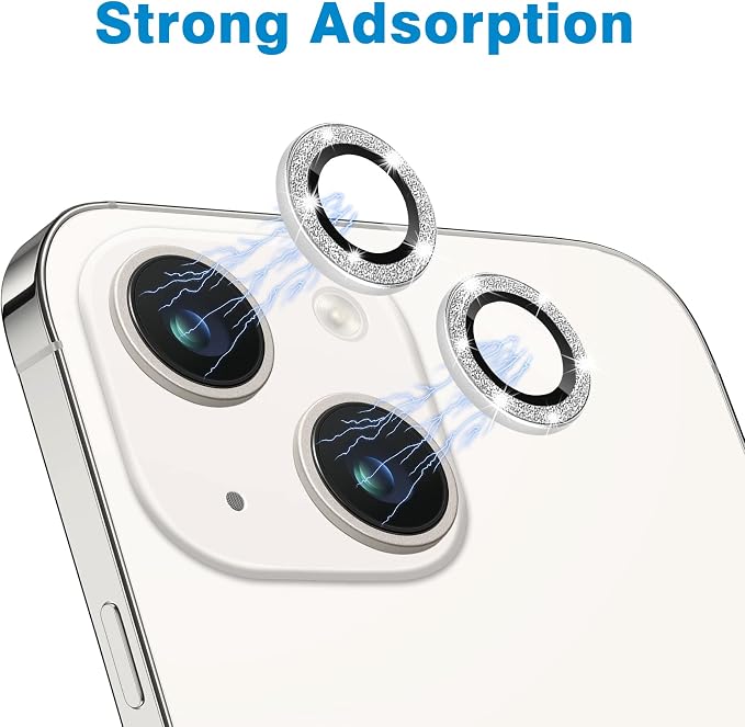 for iPhone 13 Mini & iPhone 13 Camera Lens Protector, Bling Glitter 9H Tempered Glass Camera Cover Anti Scratch Shockproof Screen Protector Individual Ring - 2Pcs Glitter Silver - Image 4