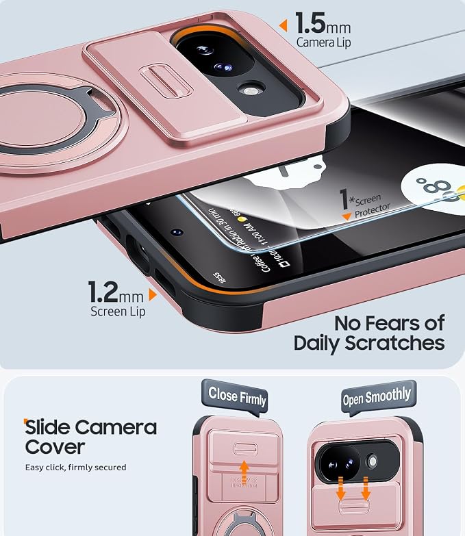 JAME for Google Pixel 10A Case with Ring Stand & Slide Camera Cover Pink | Ring Holder Kickstand, Screen Protectors, Dual-Layer Shockproof Protective, Magnetic Accessory Friendly Phone Case, Pink - Image 5