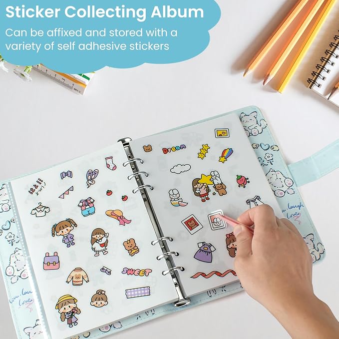Reusable Sticker Book Collecting,A5 Binder Album Storage Organizer with Blank Release Paper and Pocket for Adult Kids,Cartoon Leather Binder Cover & Magnetic Buckle Closure(Blue) - Image 5