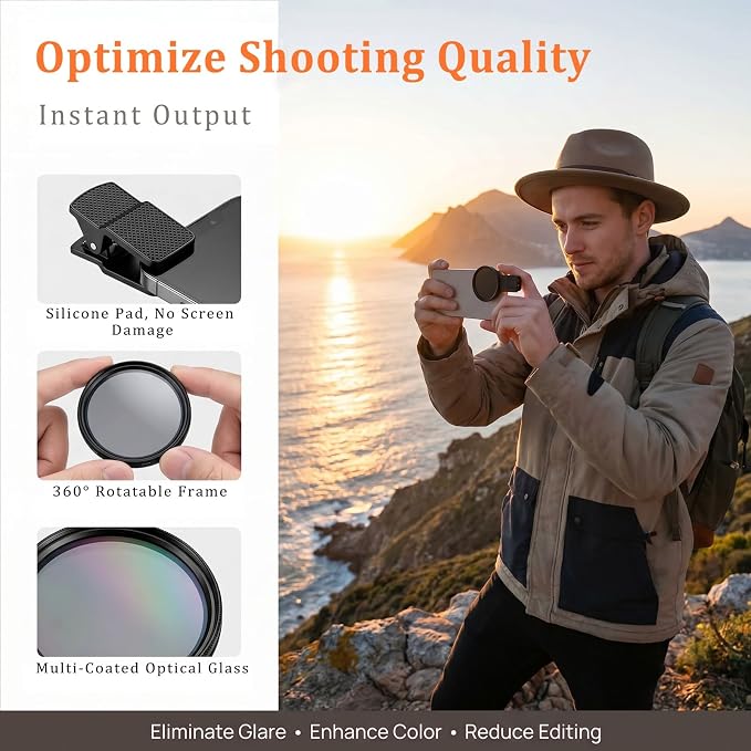 52mm CPL Lens for iPhone – Phone Camera Lens Filter Kit, Polarizing CPL Filter iPhone Compatible, Anti-Glare Phone Lens Clip for Travel, Landscape & Vide - Image 2
