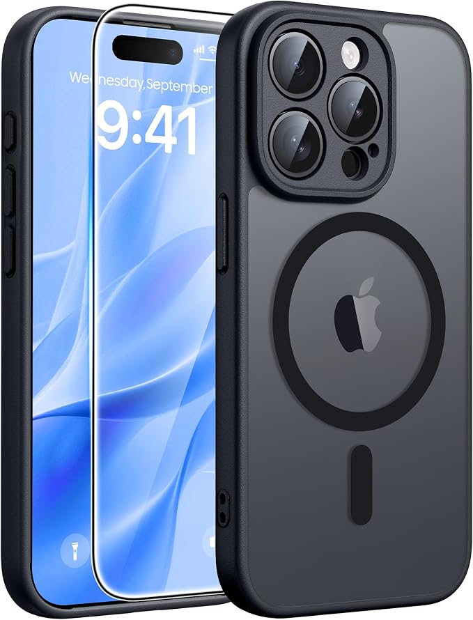 FNTCASE for iPhone 15 Pro Case, Fit for Magsafe, Screen Protector, Black | Full Camera Protection, Translucent Matte, 14FT Military Grade Drop Proof, Shockproof Protective Phone Cover by FNTCASE