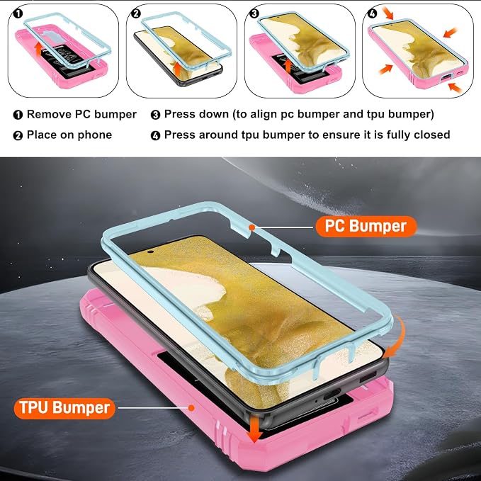 Gritup for Samsung Galaxy S22 Case with Slide Camera Cover & Screen Protector*2, 360 Rotating Ring Kickstand, Military Grade Protective Case for S22 Phone, Green+Pink - Image 4