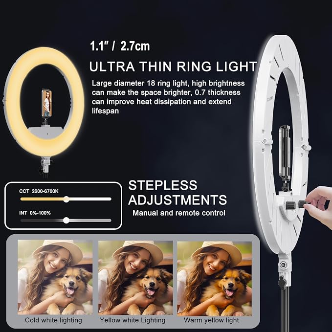 Ring Light Kit:18"/45cm Outer 55W6700k Dimmable LED Light, Tripod Stand, Remote Controller,Box for Camera,Smartphone,YouTube,TikTok,Self-Portrait Shooting,CRI95,White - Image 4
