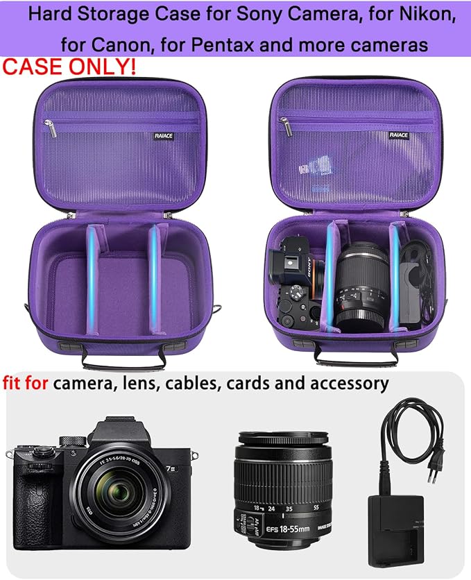 RAIACE Hard Case Compatible with Sony Alpha 7 II III IV/7R V Camera, for Nikon, for Canon, for Pentax and More. Mesh Pocket for Charger, Cables, Cards and Accessories. (case only) (Purple) - Image 2