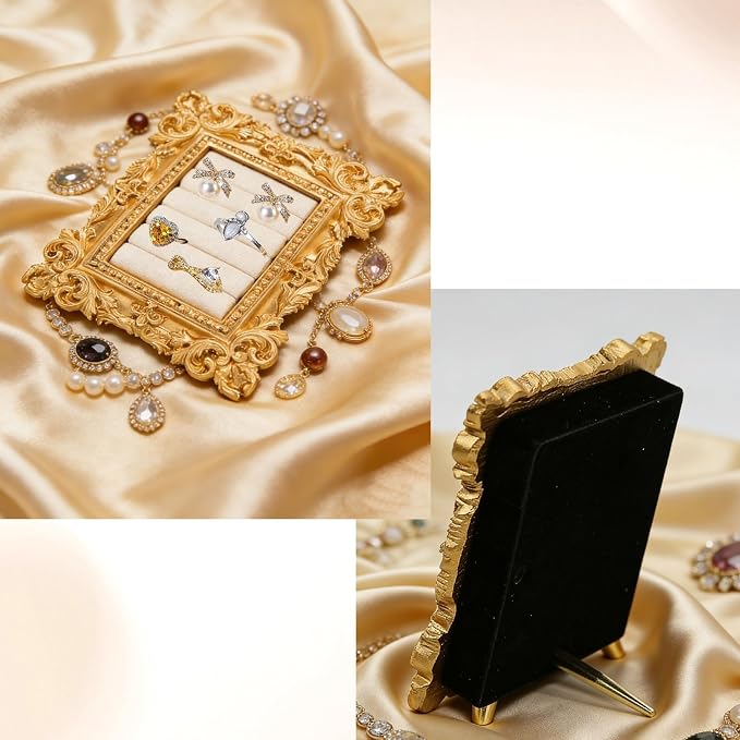 Vintage Gold Ring Frame Holder for Women, 3.94x3.54 In Picture Frame Engagement Ring Organizer Holder with Velvet Cushion, Jewelry Display Stand for Wedding Ceremony, Jewelry Display - Image 4