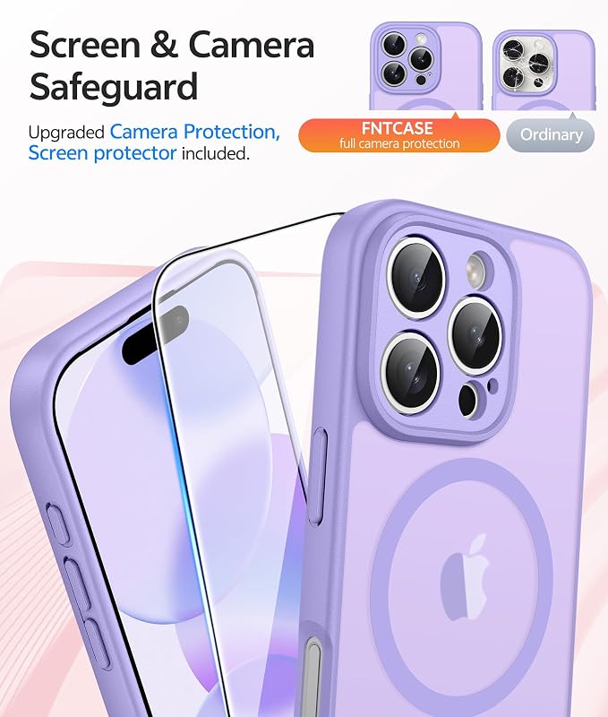 FNTCASE for iPhone 16 Pro Max Case, Fit for Magsafe, Glass Screen Protector | Full Camera Protection, Translucent Matte, 14FT Military Grade Drop Proof, Shockproof Protective Phone Cover, Light Purple - Image 4