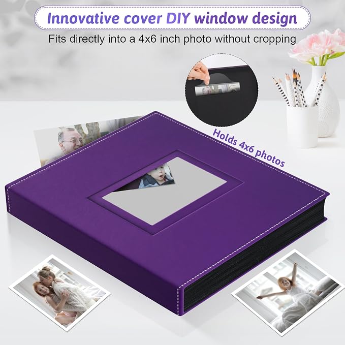 Popotop 4x6 Photo Album Holds 300 Pictures, Vegan Leather Hardcover | 300-Photos Capacity, Acid-Free PP Slip-In Pockets, Mixed-Orientation Layout, Front Photo Window, Gifts for Wedding Baby - Image 2