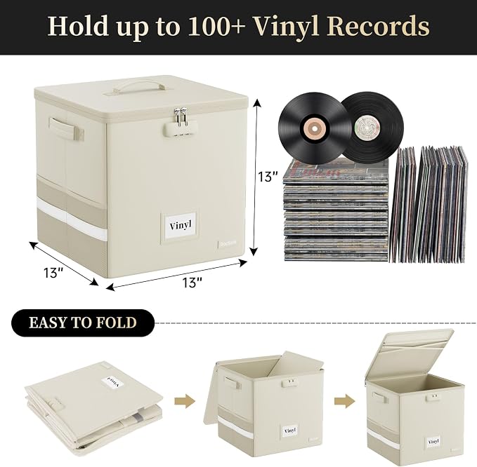 DocSafe Fireproof Vinyl Record Storage Box with Lock, Beige, 13"x13"x13" | Record Organizer for 100+ Single Records(12-inch),Collapsible,with Lid&Handles,Valuable Album Collection,Home&Travel Safe - Image 9