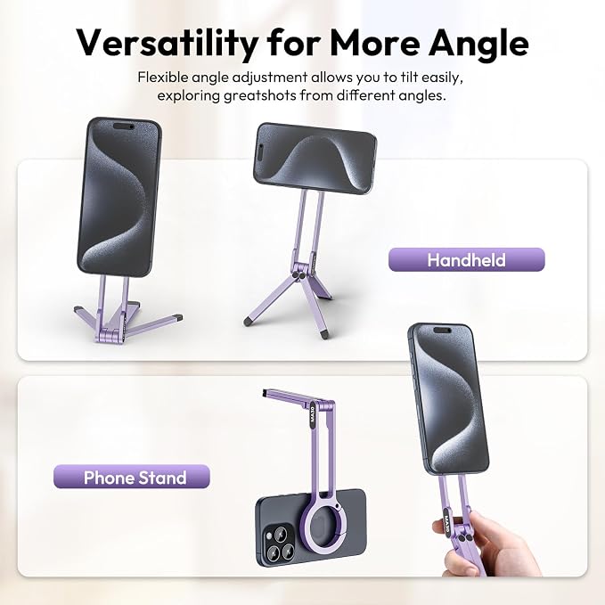 ULANZI MA30 Magnetic Phone Tripod Stand for iPhone, Aluminium Maglock Smartphone Mini Tripod Pocket Cell Phone Stand Strong Magnet Compatible with iPhone 17 16 15 14 13 12 Series, Lavender - Image 4