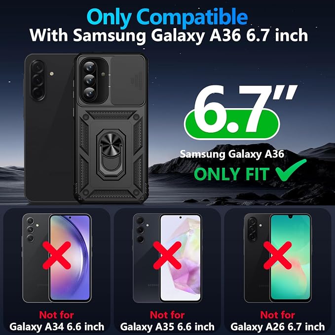 Taisairu for Samsung Galaxy A37 Case/A36 Case with Screen Protector & Slide Camera Lens Cover, Built-in Ring Stand Shockproof Protective Case for Samsung A37 5G Case/Samsung A36 5G Case (Black) - Image 9