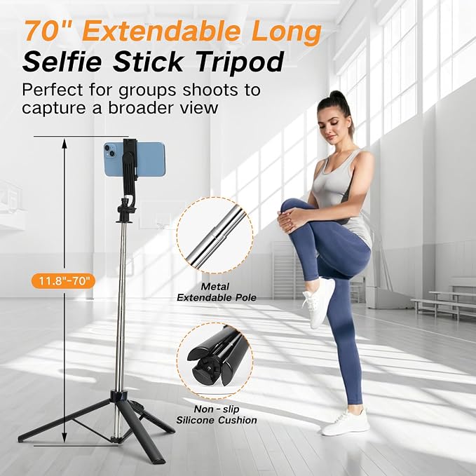 70” Phone Tripod & Selfie Stick with Light, Metal Tripod Holder with Wireless Remote,Portable Travel Selfie Stick Tripod for iPhone/Android and Gopro - Image 4