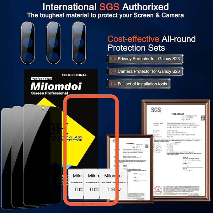 Milomdoi Privacy Screen Protector for Samsung Galaxy S23 | 3+3 Pack, 9H Tempered Glass, Camera Lens Protector, Military Grade Shatterproof, Easy Installation, No Bubbles - Image 8