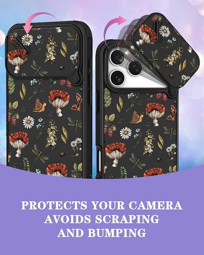 for iPhone 17 Pro Case - Women Cute Phone Cover Girly Pretty Fancy Unique Aesthetic Design Slide Camera Cover Protective Case for Apple for iPhone 17 Pro, Mushroom Floral - Image 3