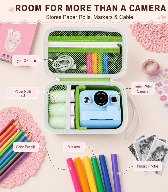 Kids Instant Print Camera Case for DYLANTO for ESOXOFFORE Cameras | Portable Digital Camera Case Organizer for ETIKEZ for YTETCN for DUDUDRAGON with Pocket for Accessories (Box Only)-Green - Image 3