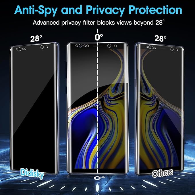 Didisky 2 Pack Privacy Screen Protector for Samsung Galaxy Note 9 Tempered Glass, 3D Curved Full Coverage, Anti-Spy,9H,Bubble Free,Easy to Install,Anti Scratch - Image 3
