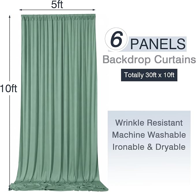 30ftx10ft Wrinkle Free Sage Green Backdrop Curtains for Parties, 6 Panels 5x10ft Silky Polyester Photo Backdrop Drapes Back Drop Cloth Drapery for Wedding Birthday Photography Background - Image 6