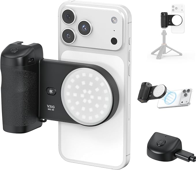 VRIG MG-35 Magnetic Phone Camera Grip for iPhone/Android with Detachable Wireless Shutter Remote,Three-Gear Adjustable Fill Light, 1/4" Tripod Screw - Comfort Ergonomic Camera Grip Handle Holder by VRIG