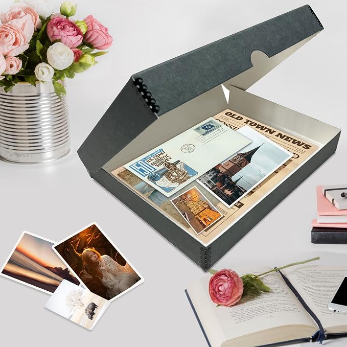 Lineco Clamshell Archival Storage Box, 9.5x12.5x1.75 Inch, Gray, Pack of 2 | Acid-Free with Metal Edge Boxboard, Organize and Store Photos Documents Cards Negatives Magazine Prints Family Records DIY - Image 5