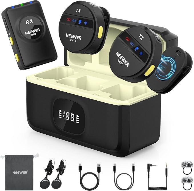 NEEWER KM18 Wireless Microphone with USB C Charging Case OTG 48KHz 24Bit 20H Battery 3.5mm TRS 150m Range Noise Cancelling Mini Lapel Lavalier Mic Compatible with Camera iPhone Android Phone Laptop PC by Neewer