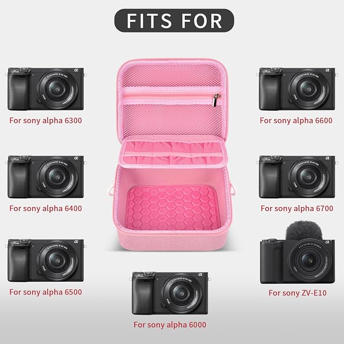 casmilee Camera Case for Sony Alpha ZV-E10 Alpha a6400/ a6700/ a6100/ a6000/ a6600/ a6500 Mirrorless Digital Camera, Hard Travel Bag with a Shoulder Strap for Lens & Accessories (Pink, Medium) - Image 3