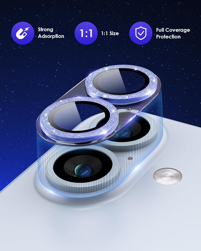 Compatible for iPhone 17 /iPhone 16 /iPhone 16 Plus Camera Lens Protector Glitter, Clear Acrylic Plus Aluminium Alloy Ring 9H Tempered Glass Screen Camera Cover Glitter Blue+Blue - Image 2