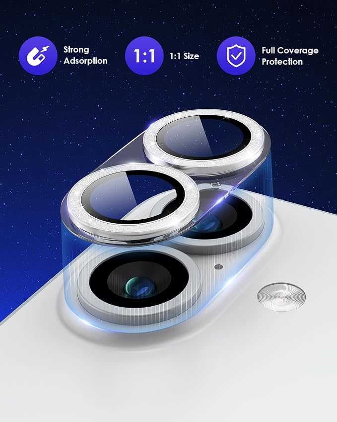 Compatible for iPhone 17 /iPhone 16 /iPhone 16 Plus Camera Lens Protector Glitter, Clear Acrylic Plus Aluminium Alloy Ring 9H Tempered Glass Screen Camera Cover Glitter Silver - Image 2