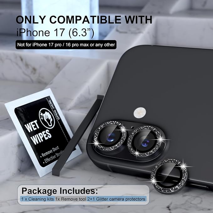 Choiche for iPhone 17 Camera Lens Protector Bling, Glitter-Black | Ultra HD, 9H Tempered Glass Camera Cover Screen Protector Metal Individual Ring Decoration Accessories, 2-Lens, 6.3-inch - Image 2